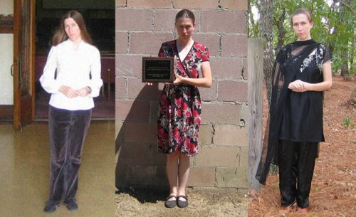 The many shades of Jillian Hoy: (L) Jillian Hoy in a photo taken during a pilgrimage to visit the former church headquarters of Jim Jones’s Peoples Temple in Los Angeles, (C) Hoy holds an RPP plaque devoted to Kim Jong Il and poses for a photo (R) Hoy in her guise as a Hindu preistess