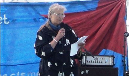 Dorte Grenaa, APK, speaking in the Red Square, Fælledparken, Copenhagen